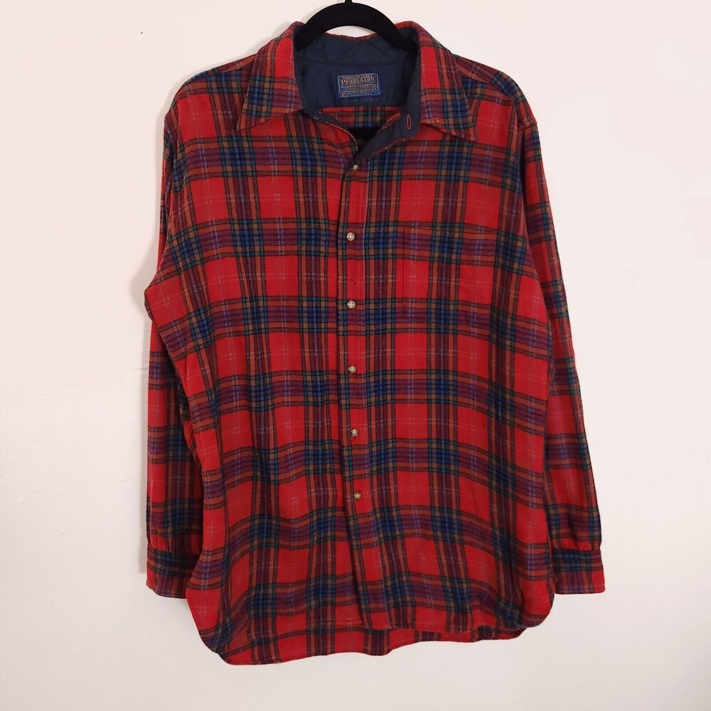 Vintage Pendleton Wool Plaid Shirt Red Tartan Button-Up Lined Size L USA 80s